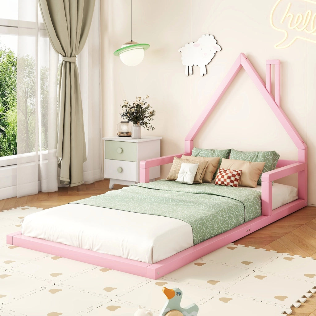 Letto a forma di casa per bambini rosa in legno massello di pino 90x200 cm
