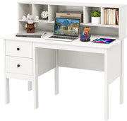 Scrivania con Cassetti e Libreria, Scrivania Moderna con Prese Elettriche, 5 Vani, 2 Cassetti e Porte USB, Scrivania Salvaspazio da Ufficio e Casa, Bianco