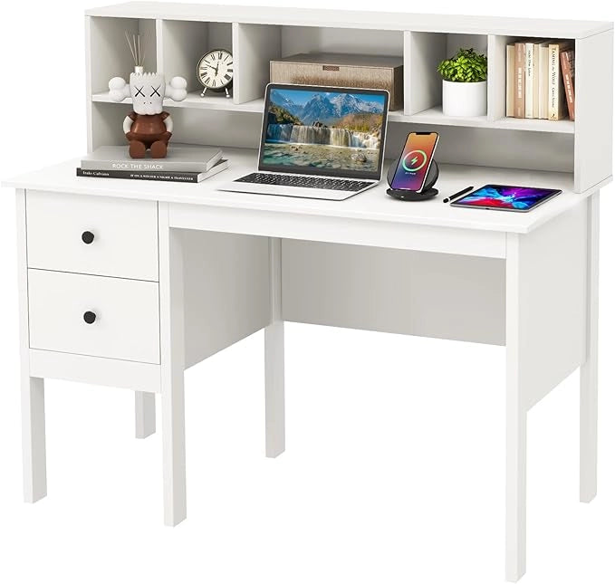 Scrivania con Cassetti e Libreria, Scrivania Moderna con Prese Elettriche, 5 Vani, 2 Cassetti e Porte USB, Scrivania Salvaspazio da Ufficio e Casa, Bianco