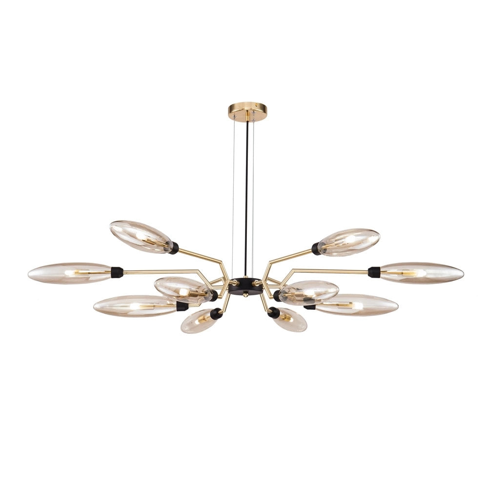 Lampadario Contemporaneo Ventura Metallo Oro 12 Luci Diffusore Vetro Ambra