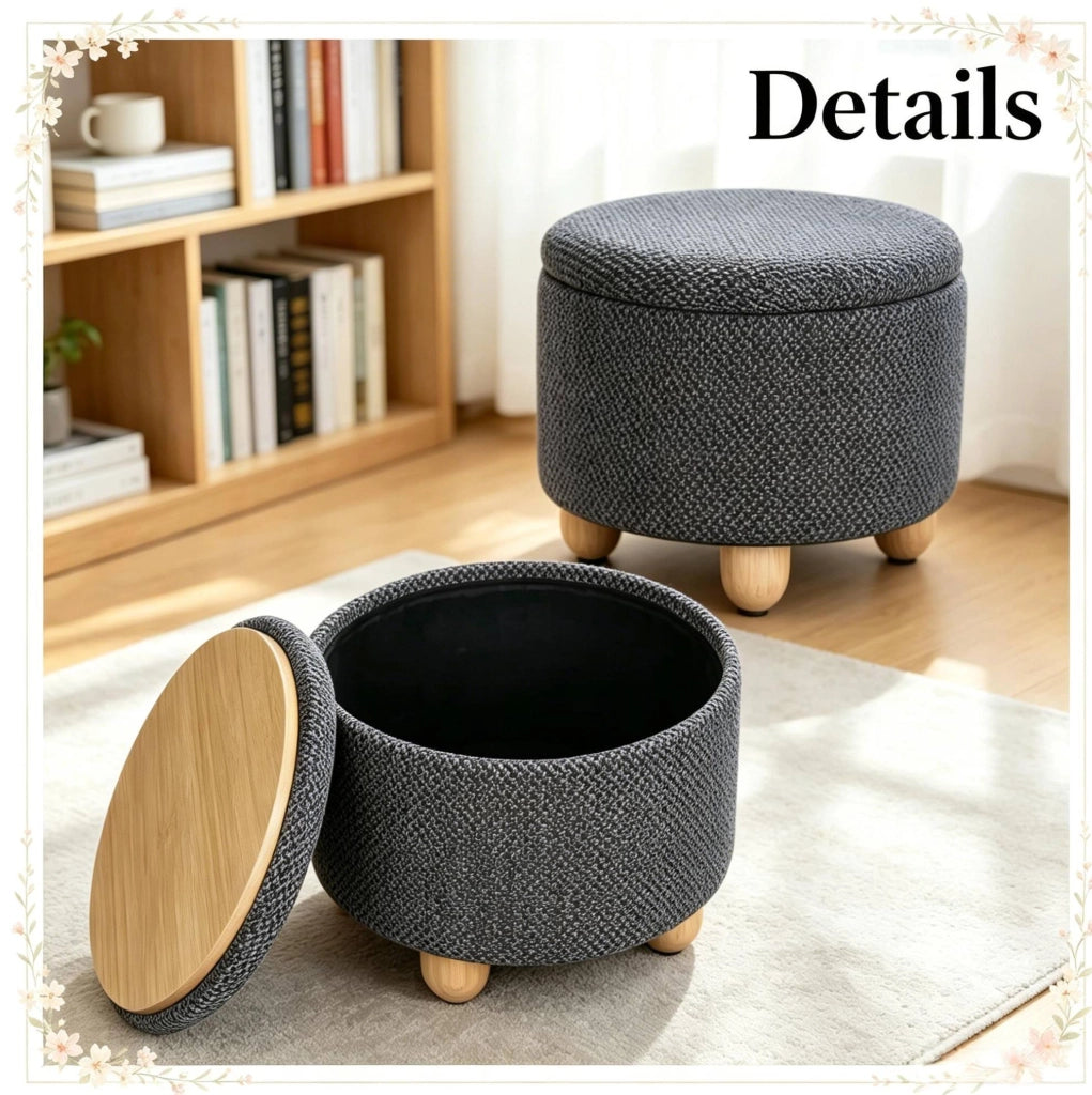 Pouf contenitore rotondo con vassoio 39x33 cm in lino grezzo grigio scuro