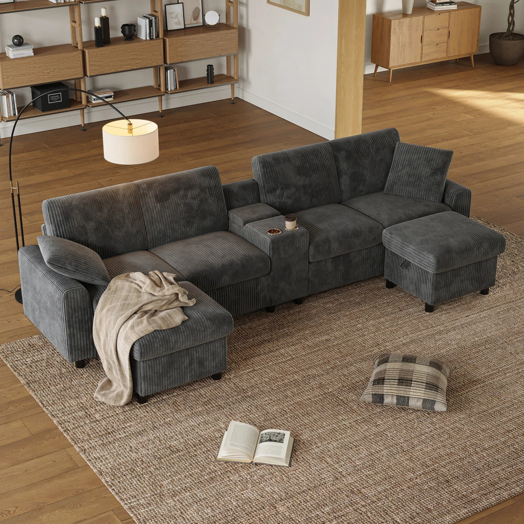 Divano panoramico a U con 2 pouf contenitore, tavolino, 1 USB, 2 Type-C e 2 prese, in velluto a coste Grigio, 315 × 135 × 81 cm