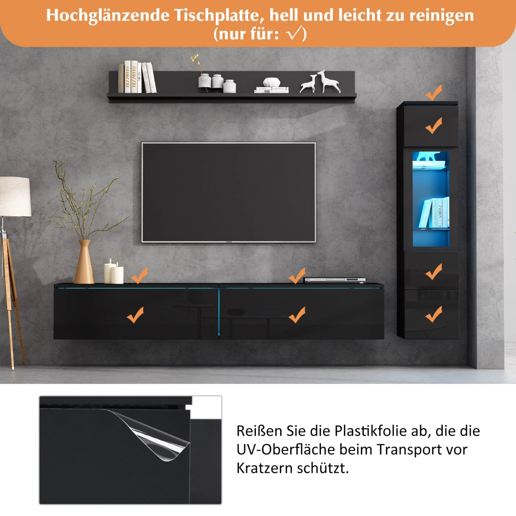 PARETE ATTREZZATA 3 pezzi con LED 180 cm Nero lucido