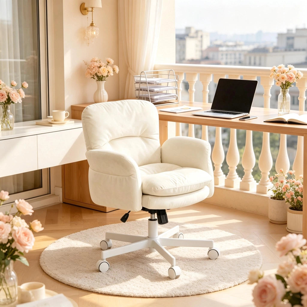Sedia girevole imbottita in ciniglia beige con schienale ergonomico e base in metallo