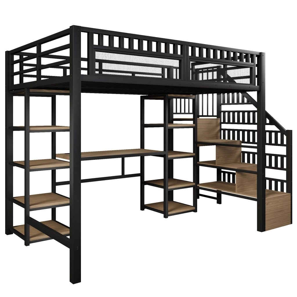 Letto a castello nero 140x200 cm telaio in metallo funzione scrivania scala