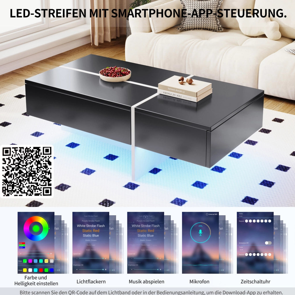 Tavolino da caffè lucido nero 100x50x34;5 cm con LED controllabile da app e 3 cassetti