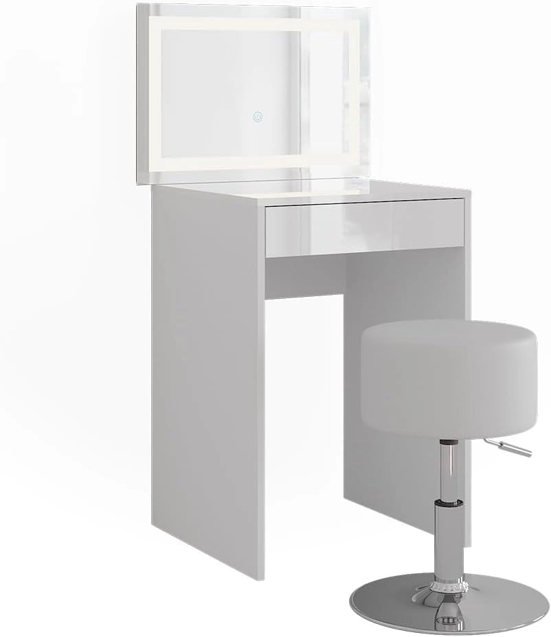 Tavolo da toeletta Sherry, Bianco/bianco lucido, 51.4 cm con specchio LED e sgabello