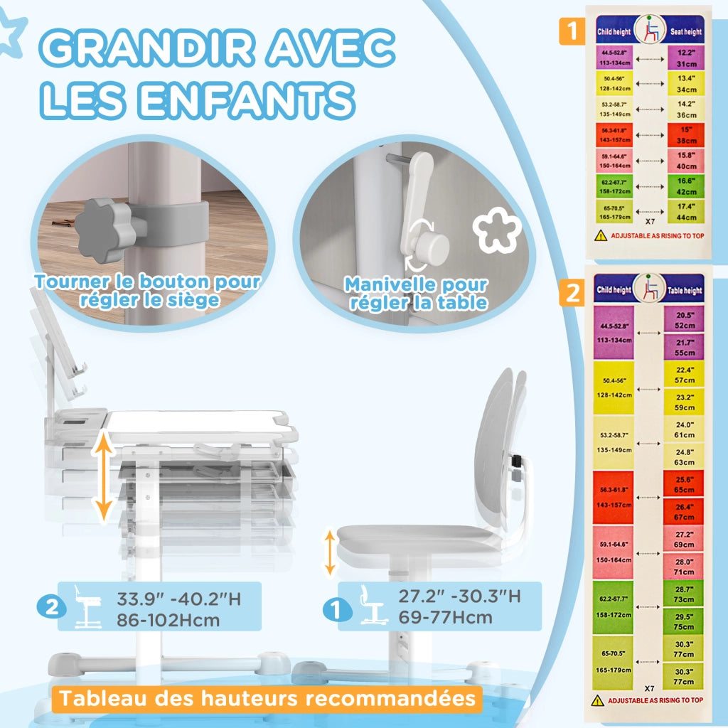 Scrivania bambini con sedia regolabile, piano inclinabile 45¡ã, cassetto e porta libri ¨C zephmum ¨C grigio