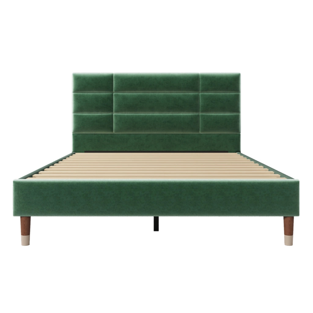 Letto matrimoniale 140x200 cm con rete a doghe; velluto verde; senza materasso