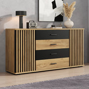 Credenza 140x35x70 cm con 4 cassetti e ripiani regolabili in MDF nero e naturale