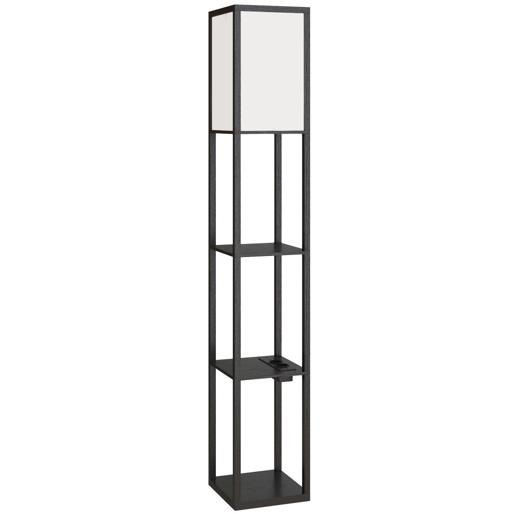 Lampada da Terra 26x26x160 cm Struttura con Ripiani Luce Regolabile Interruttore a Pedale e Porte USB in MDF Nero