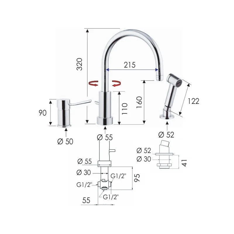 Rubinetto monocomando bordo lavello con deviatore, bocca minimale e doccetta a pulsante serie minimal