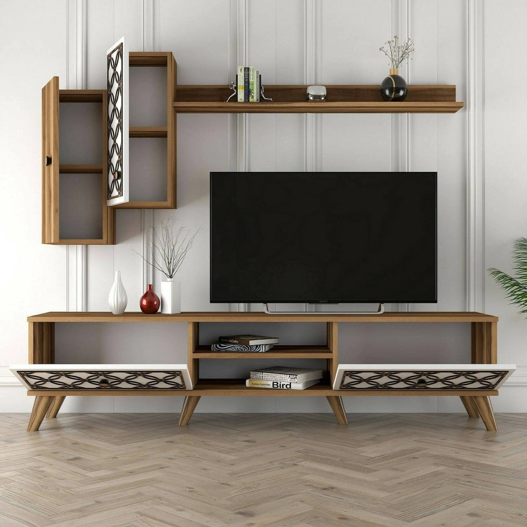 Mobile porta TV Nunzia, Credenza da soggiorno, Armadio basso per TV, Base parete attrezzata, 180x35h44 cm, Noce e Bianco