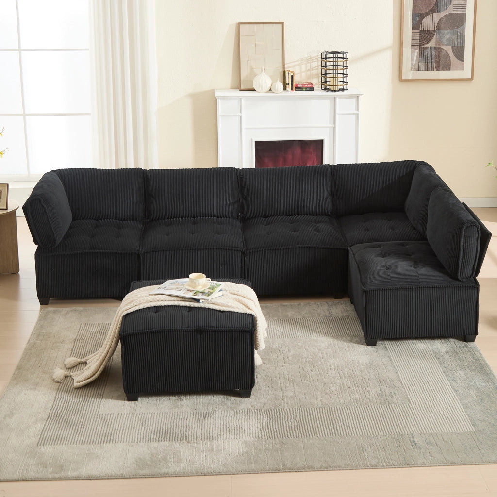 SOFA Modulare 6 posti 308 cm in tessuto corduroy nero
