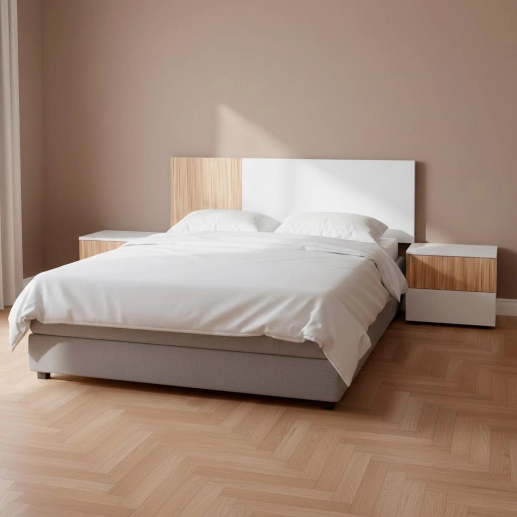 Testiera Matrimoniale Con Due Comodini Dotati Di Due Cassetti Design Scandinavo Con Fissaggio A Parete  160 Cm Bianco E Legno Naturale