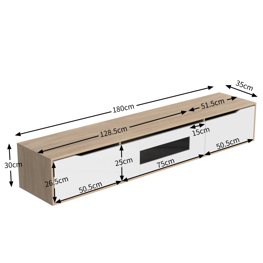 Mobile TV con Ante Scanalate e LED 16 Colori; Bianco Lucido e Effetto Legno; 180¡Á35¡Á30 cm; in Pannello Truciolare