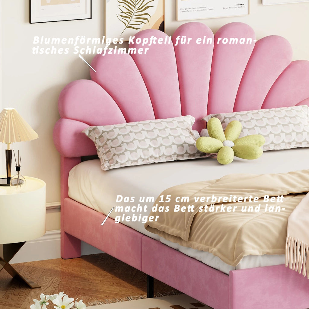 Letto Matrimoniale Imbottito 140 x 200 cm; Testiera Floreale; Struttura Imbottita; senza Materasso; Rosa