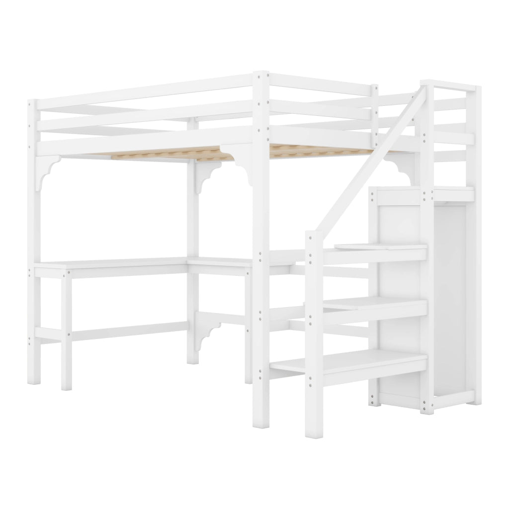 Letto a castello bianco con scrivania a L funzione contenitore in pino 140x200 cm