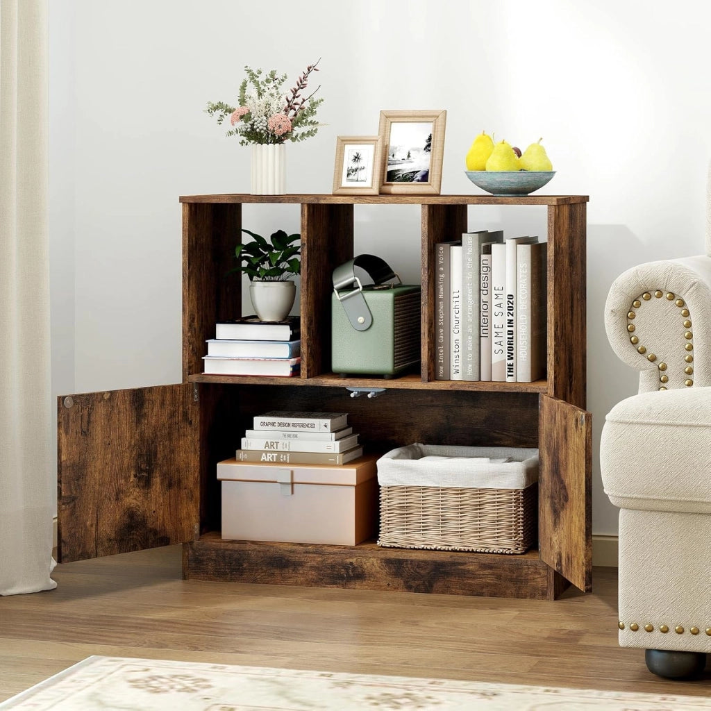 Libreria con 3 Cubi Aperti e 2 Ante, Scaffale a 2 Livelli, Mensola Moderna da Terra in Legno, per Soggiorno, Studio e Camera da Letto, 70 x 30 x70 cm (Marrone Rustico)