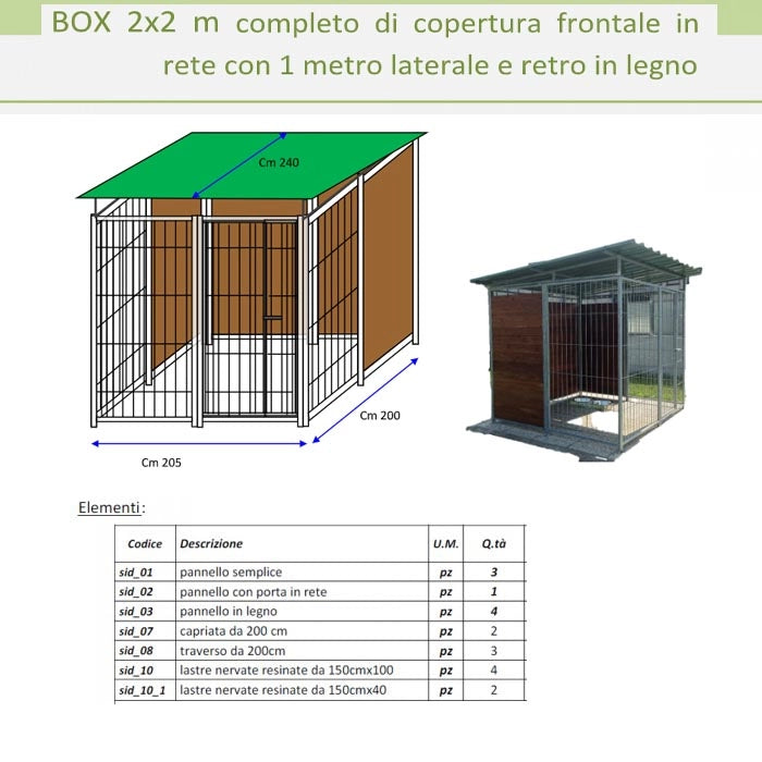 Recinto per cani 2x2 metri box modulare con copertura e retro in legno