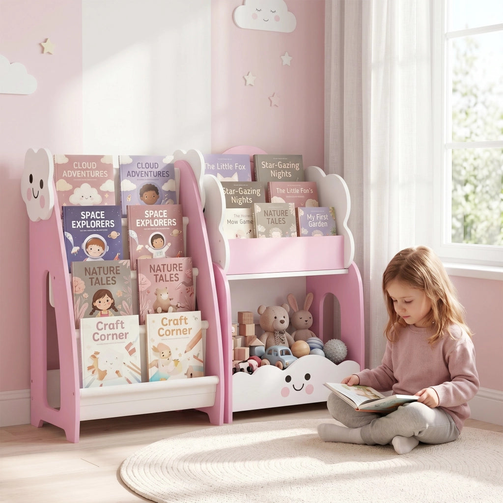 Mobile per Bambini in Legno con Portariviste, Libreria a 3 Livelli e Comodino, 85.5x32x72 cm, Rosa e Bianco
