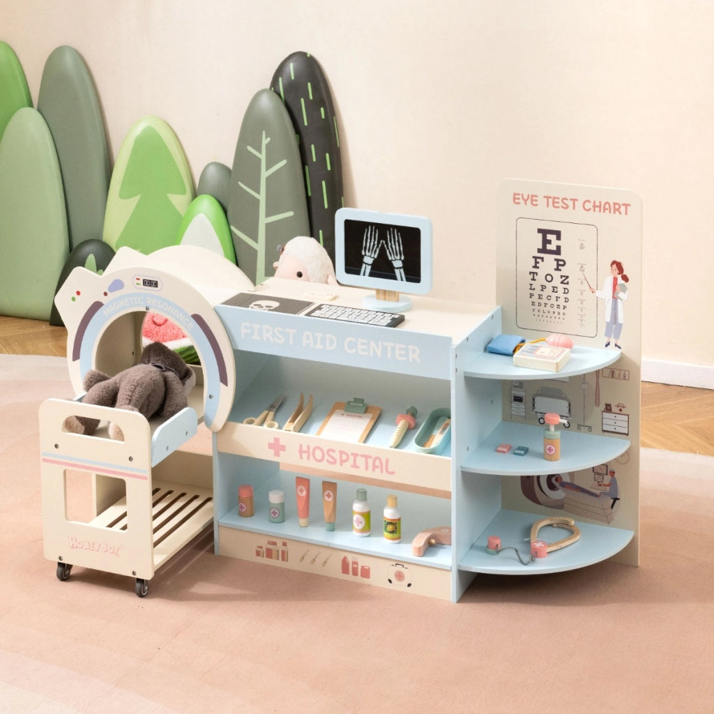 Set gioco dottore per bambini kit ospedale in legno per gioco di ruolo con cartello per vista, Gioco per bambini 3+ anni Blu