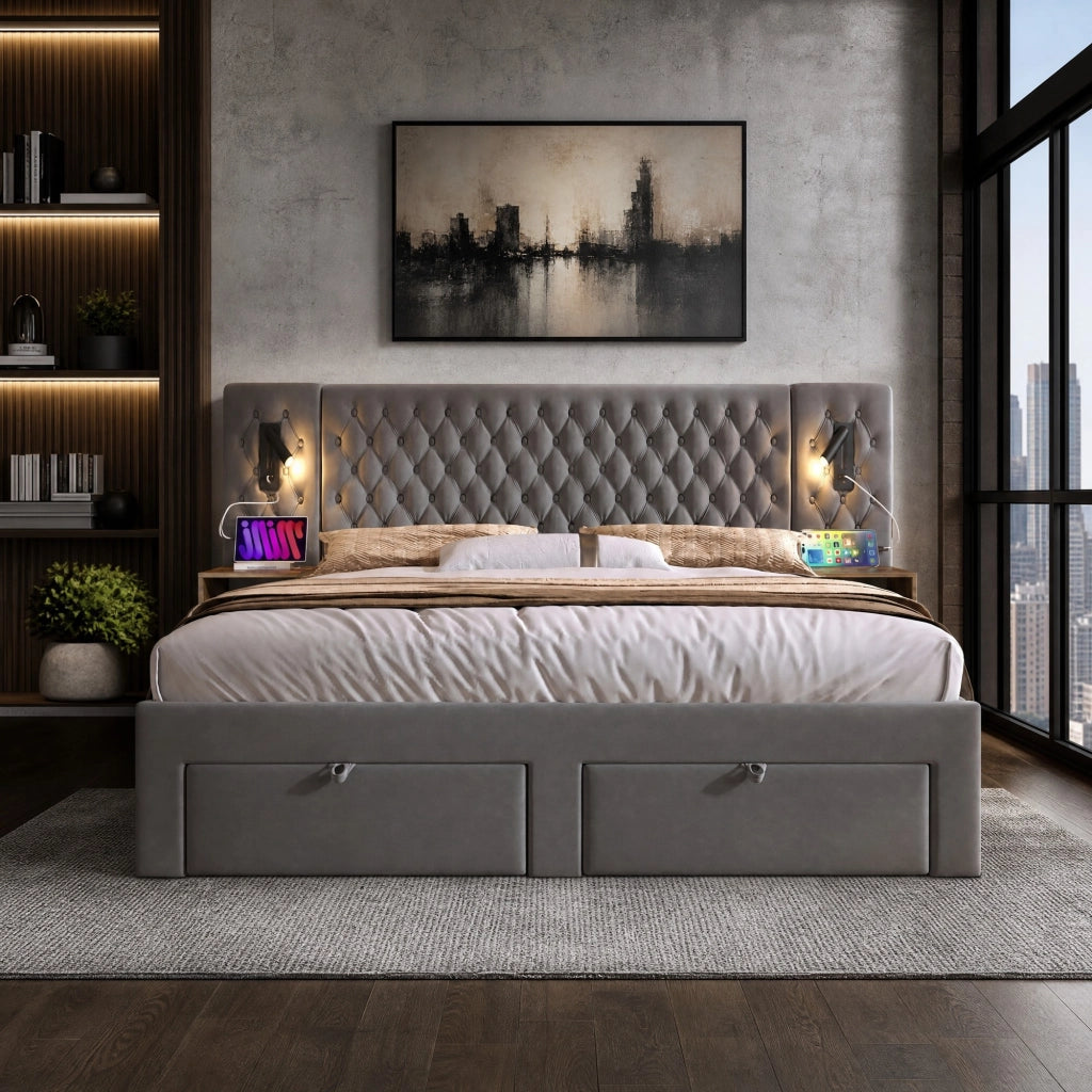 LETTO Contenitore 160x200 cm in velluto grigio con 2 comodini, 4 cassetti e ricarica USB/Type C