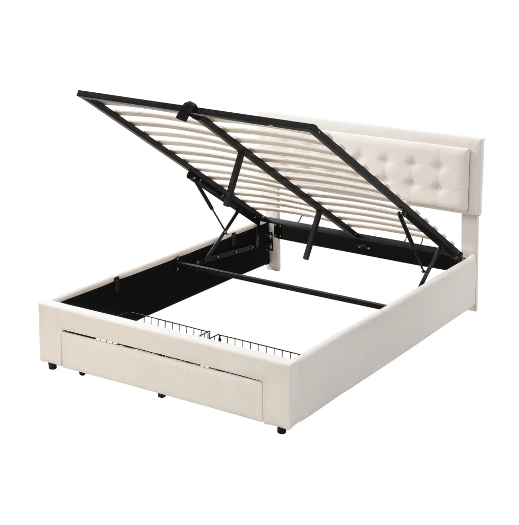 Letto matrimoniale; con testiera regolabile e spazio contenitore; velluto beige