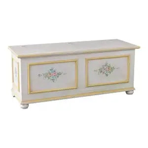 Cassapanca in legno Shabby chic mod cipolla bianco anticato decorato filo giallo