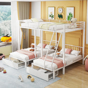 OKWISH Letto a Castello 140×200 cm e 90×200 cm, Letto 3 Posti con 2 Cassetti, Convertibile e Sponde, senza Materasso, Bianco