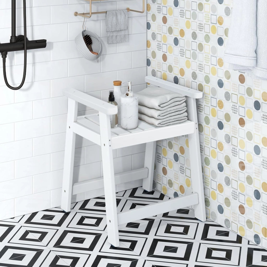 Sgabello da Bagno con Braccioli, Sgabello Doccia Impermeabile con Piedini Antiscivoli, Panca Versatile con Carico 150 kg, 58x52x61,5cm (Bianco)