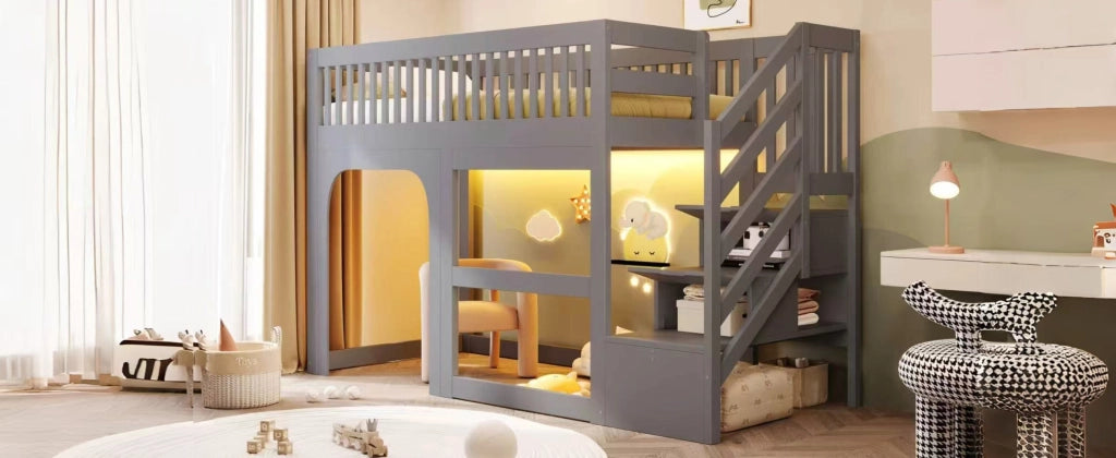 Letto a soppalco per bambini 90 × 200 cm con scala contenitore, LED e spazio aperto, senza materasso, grigio