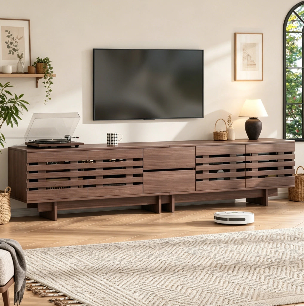 Mobile TV 200x39.5x55 cm per TV fino a 80 pollici con 2 cassetti; 4 ante; in MDF e truciolato naturale