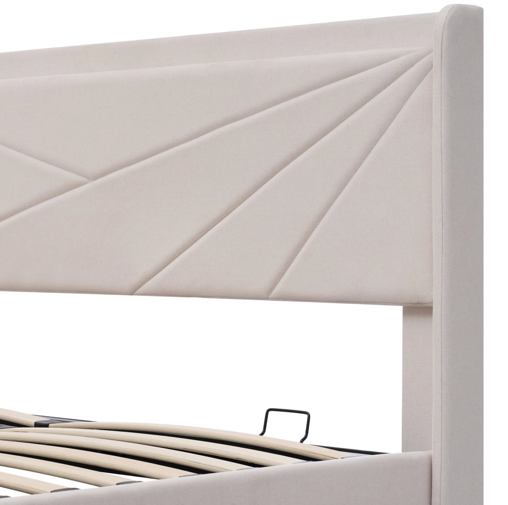 Letto matrimoniale 140x200 cm con contenitore, testiera USB e Type-C, beige