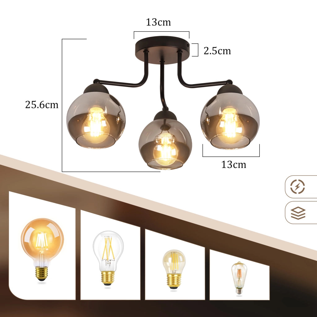 ZMH Lampada da soffitto in vetro nero vintage 3 fiamme E27 industriale rotonda illuminazione