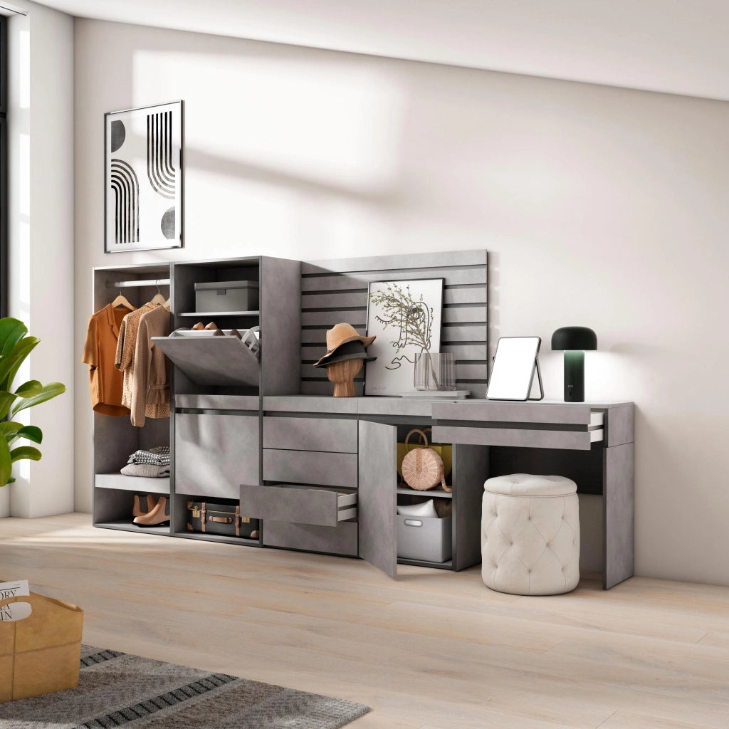 Scarpiera, 297x35x145cm, Camera da letto, Armadio Aperto, Cassettiera, Pannelli Decorativi, Tavolo da toeletta, grigio cemento RF3530