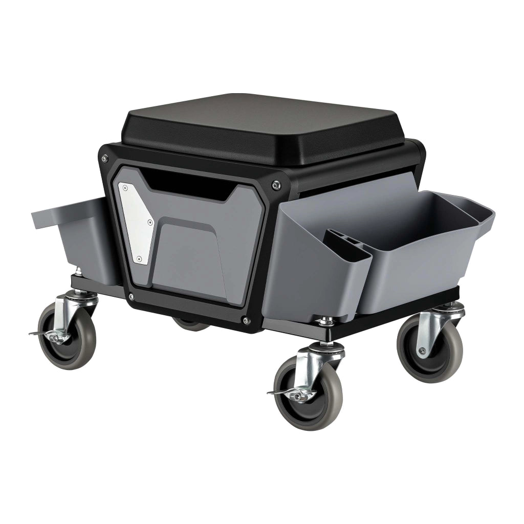 Sgabello da officina con ruote e porta attrezzi, sgabello mobile da meccanico, 120 kg di portata
