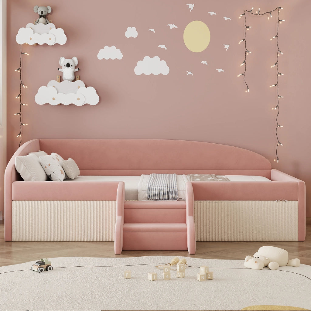 Letto per bambini 90 × 190 cm con scalini antiscivolo e sponda di sicurezza, senza materasso, velluto rosa e bianco crema