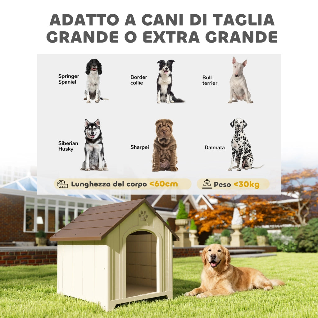 Cuccia per Cani Rialzata 88x78x89 cm con Tetto Inclinato e Prese d'Aria in PP Beige e Marrone Scuro
