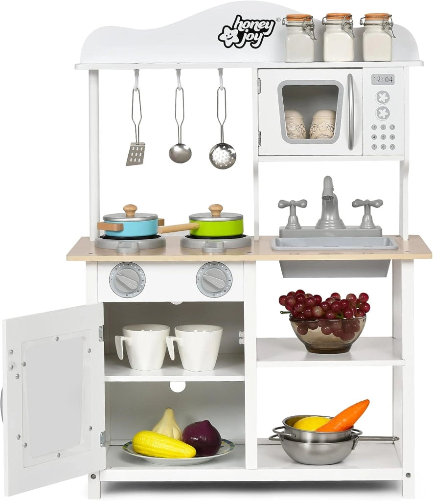 Cucina d'imitazione per bambini 3+ anni, giocattolo da cucina in legno con fornello, forno, forno a microonde e lavandino, accessori variegati forniti, ideale regalo educativo per feste,