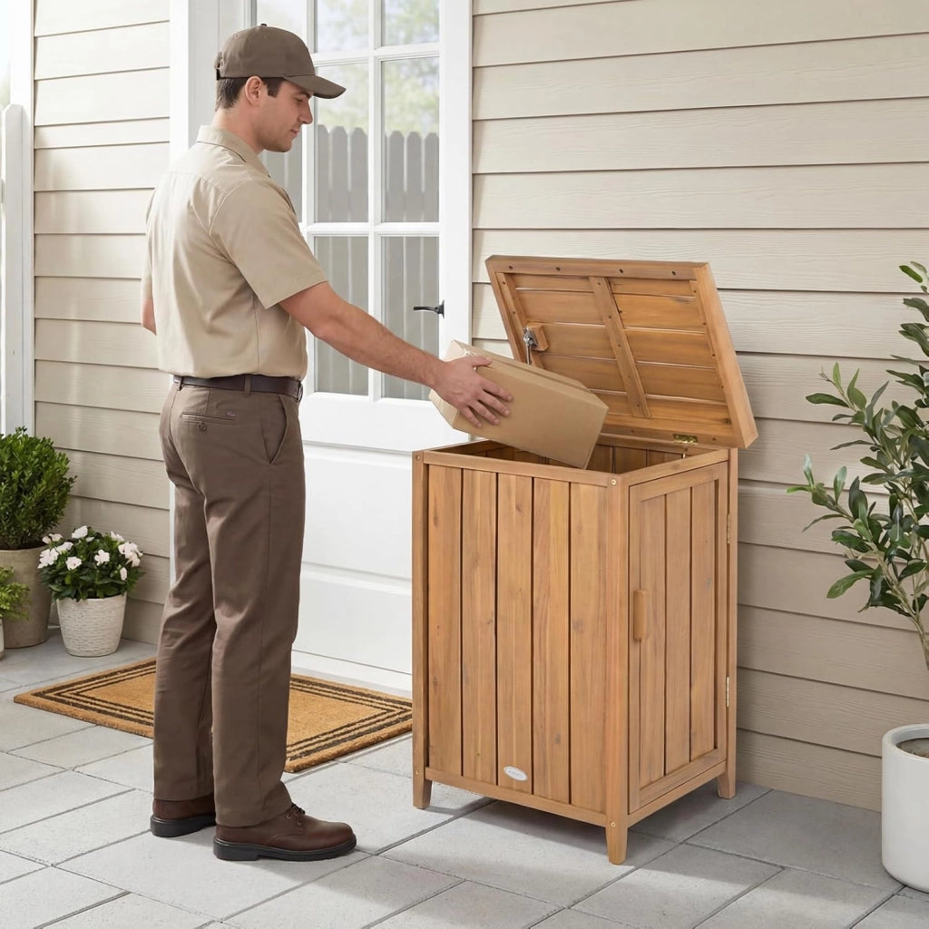 Armadio da Esterno in Legno Massello con Ripiano Rimovibile, Casetta Porta Attrezzi con Porta e Coperchio Apribile, Contenitore per Bidoni Spazzatura per Giardino, Cortile e Patio