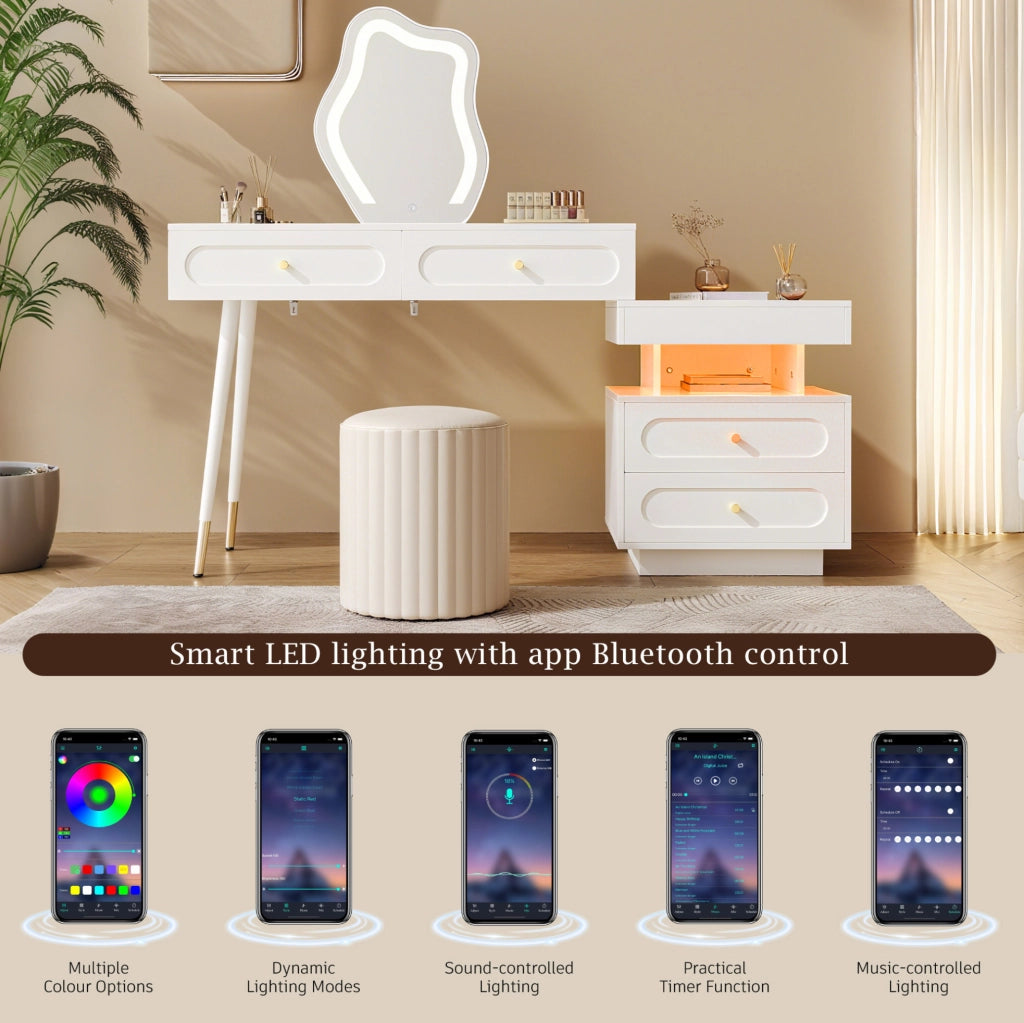 Toeletta con specchio LED; 4 cassetti e mobile laterale reversibile; 140x40x130 cm; bianco