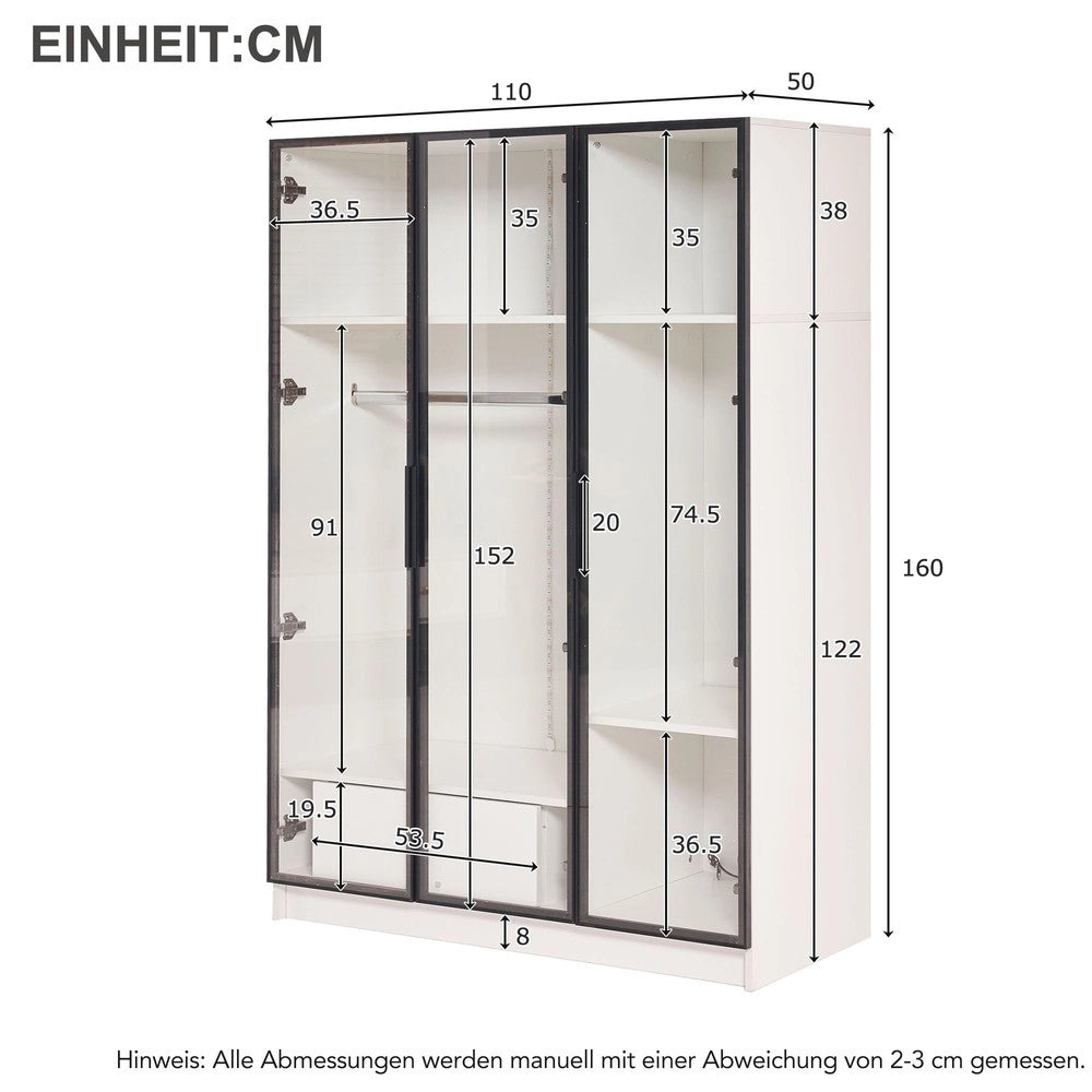 Armadio con Ante in Vetro Scorrevoli e Cassetto con LED ¨C MINIMAL ¨C Bianco, 110x50x160