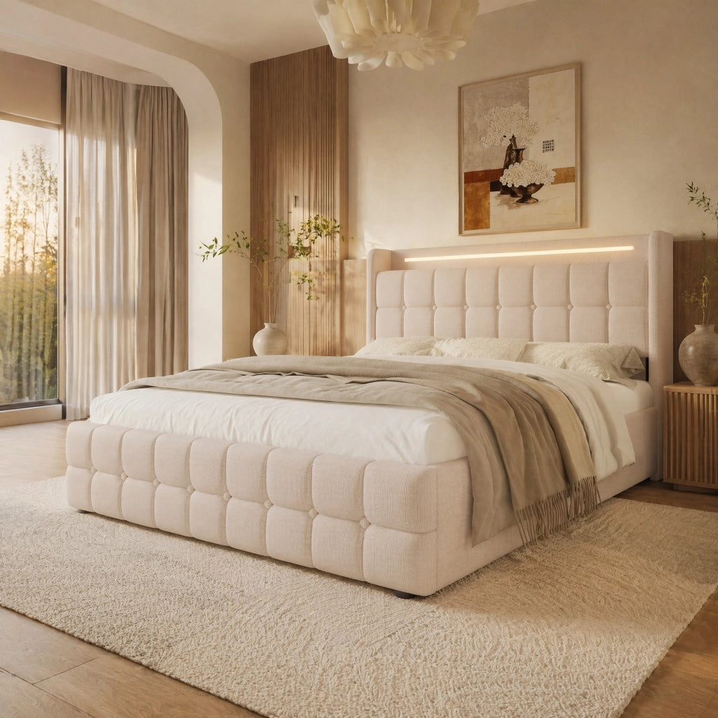 Letto matrimoniale 140x200 cm beige con prese USB; LED e 4 cassetti contenitore