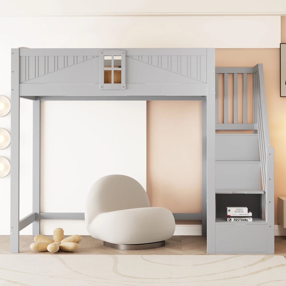 Letto a Soppalco in Legno Massello ¨C MINIMAL ¨C Grigio, 90x200, con Scala e Porta