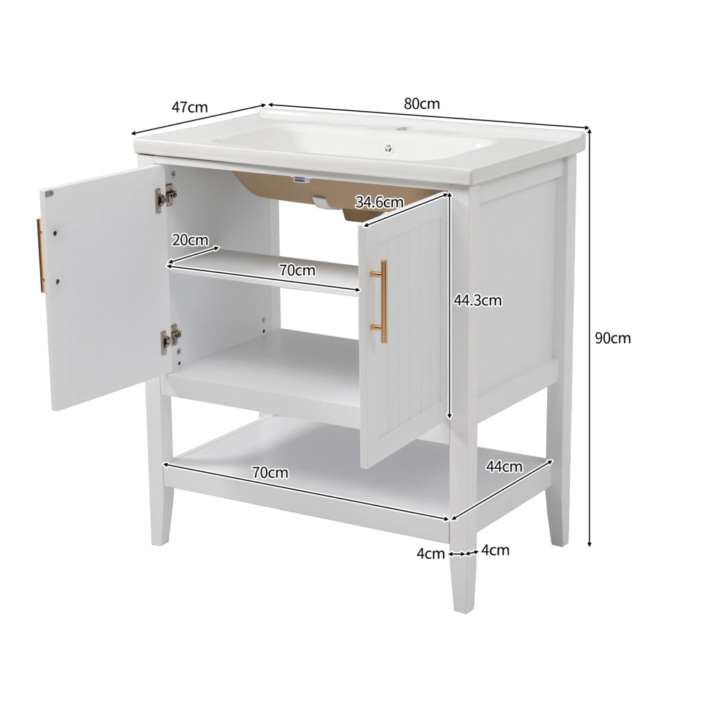 Mobile bagno con lavabo in ceramica da 80 cm colore bianco con base e maniglie moderne