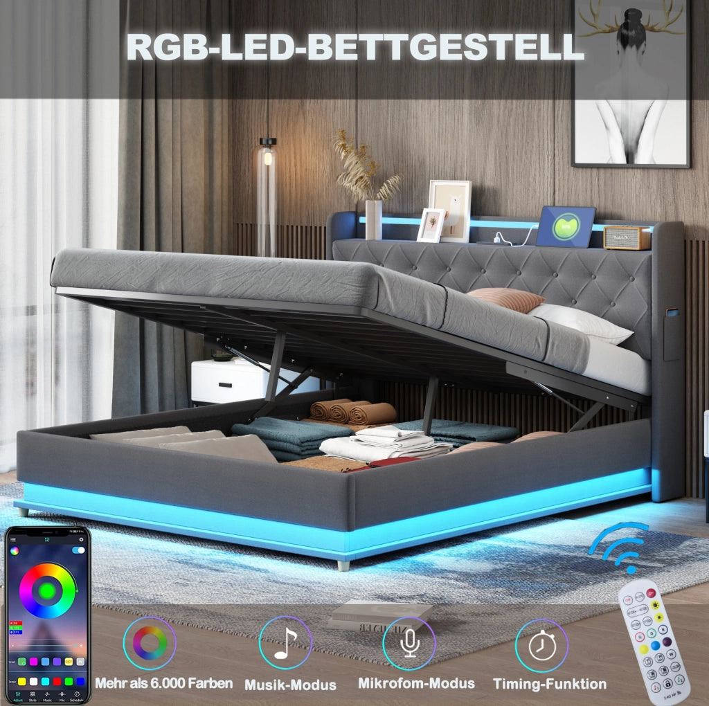 Letto imbottito LED 160x200 cm con USB e vano contenitore grigio