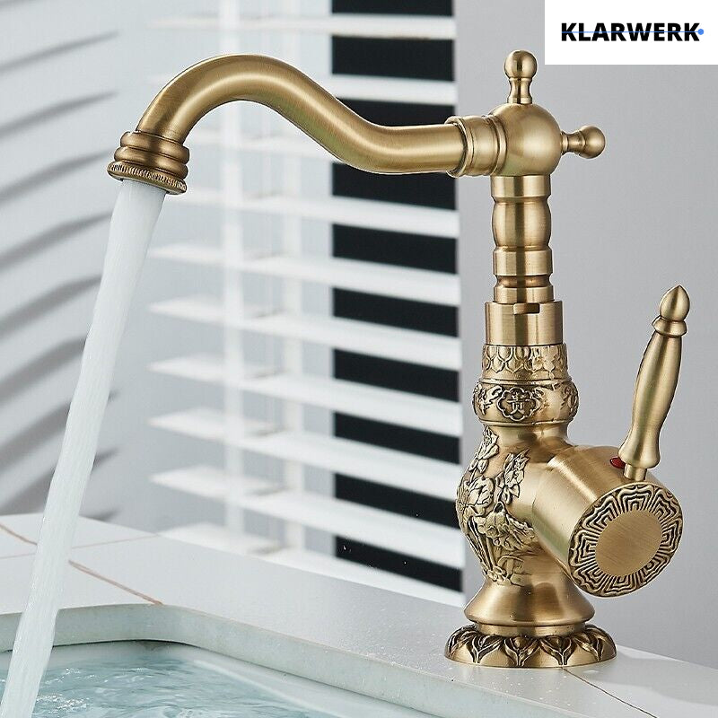 JULIAN | Rubinetto da bagno alto vintage in ottone dorato | Miscelatore retrò in acciaio inox per lavabo freestanding | con rubinetto gastronomico