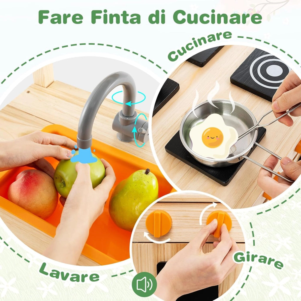 Cucina Giocattolo per Giardino in Legno di Abete, Cucina per Fango da Esterno con Tettoia, Fornelli, Ganci, 4 Lavagne e Lavello, Set Cucina con 5 Accessori, 88 x 39 x 117 cm