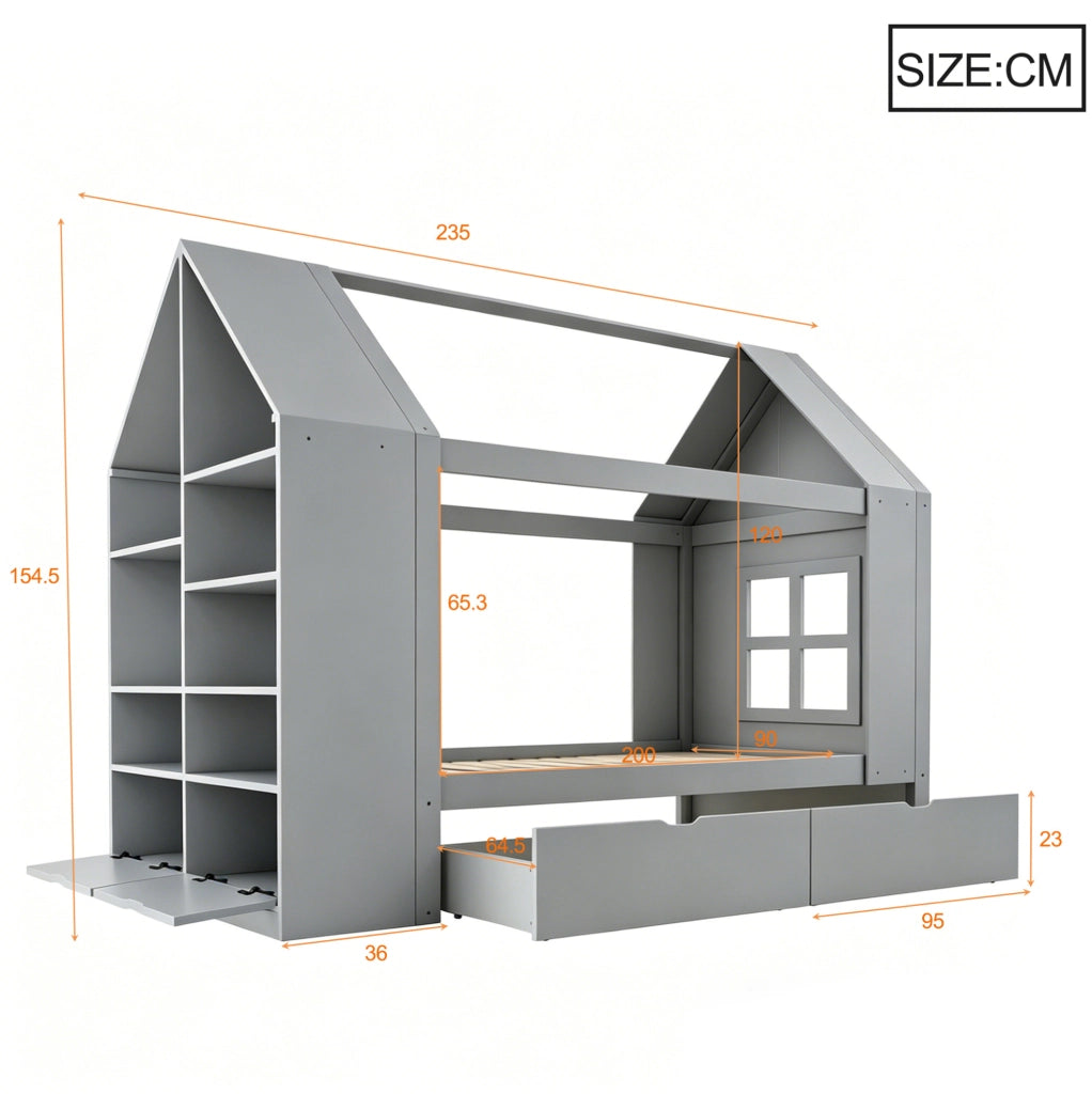 Letto per bambini a forma di casa 90x200 cm con LED; 2 cassetti e vano contenitore; grigio